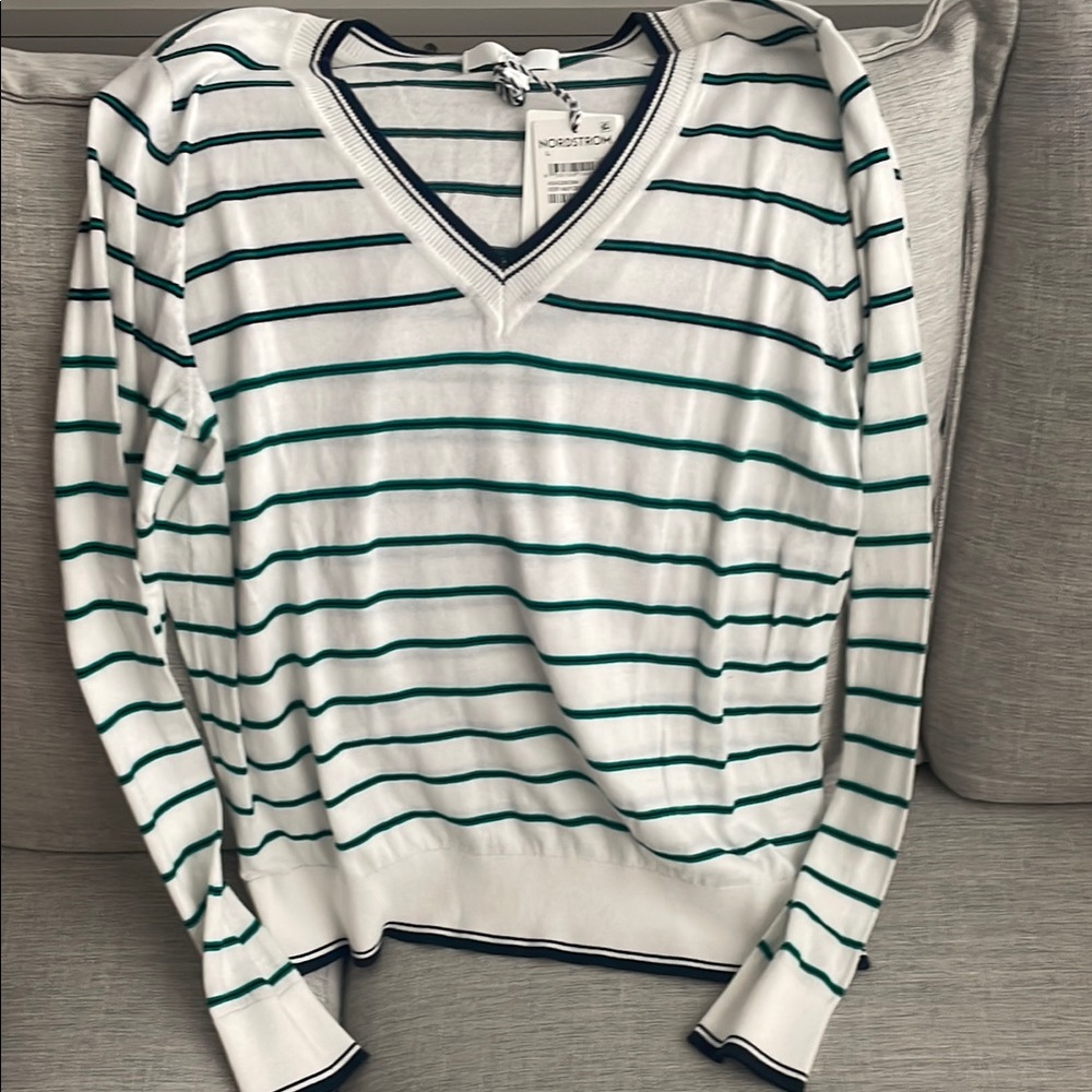 NWT Nordstrom Ivory, Navy and Green Elle Striped Sweater